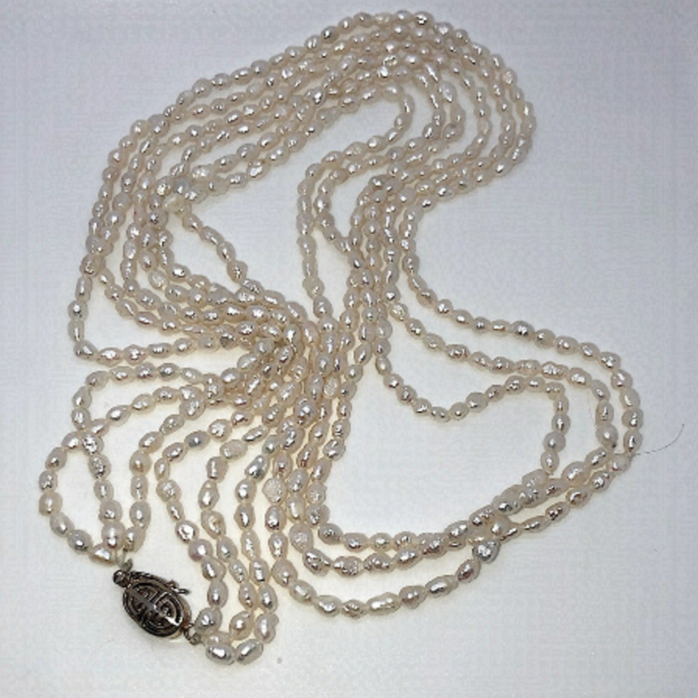 Vtg Biwa Pearl Multi 3 Strand Real Freshwater Rice Pearl Necklace 32”
